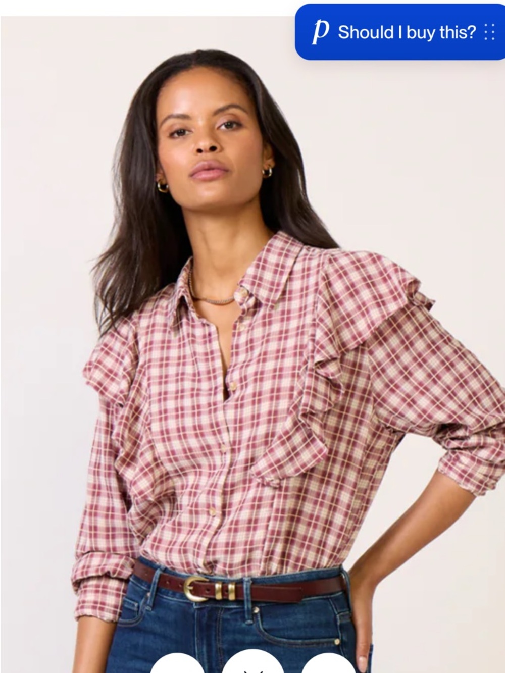 LNW Dru Ruffle Button-Up Top in Mulberry Plaid